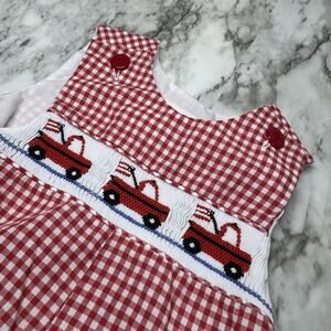 VTG Bow Peep Baby Boy 6 Mo Red White Fire Truck Smocked Cotton Bubble Fireman